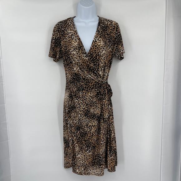 Anne Klein Leopard Faux Wrap Dress 8 Brown Y2K Mob Wife Tie Deep V-Neck Career - Picture 12 of 12